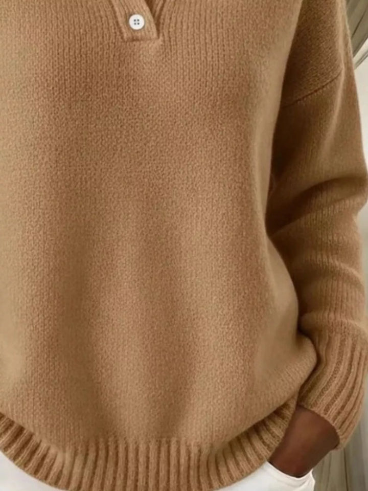 Dropped shoulder polo collar button knit sweater