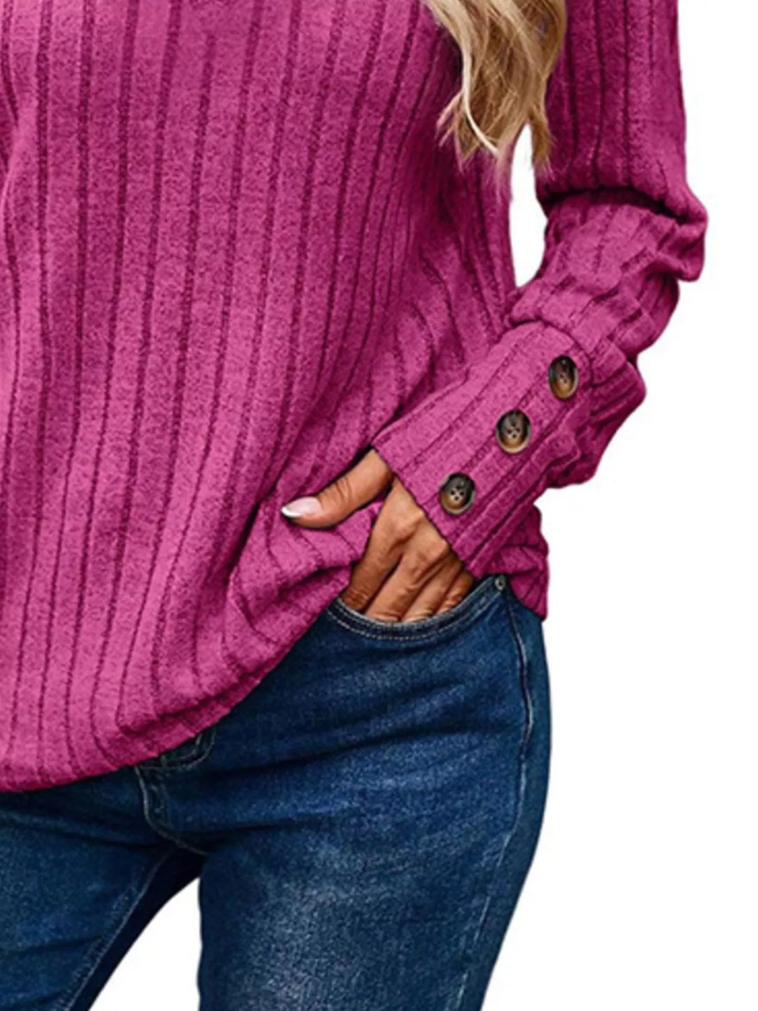 Ribbed knit V-neck top with buttoned cuffs