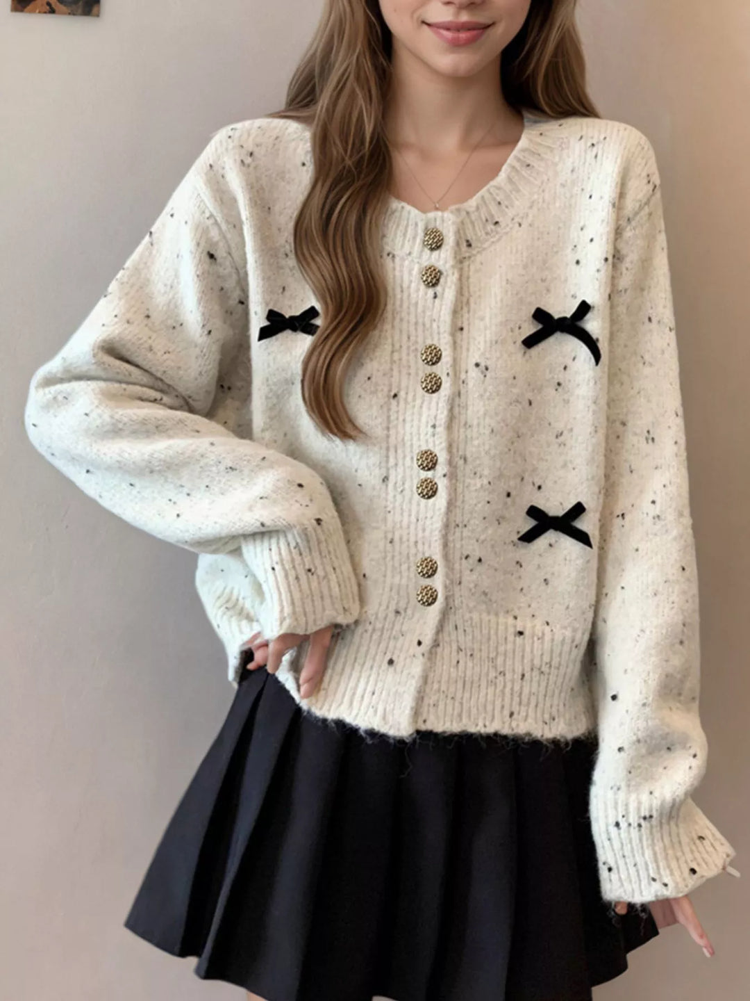 Bow-trim speckled knit cardigan with gold buttons