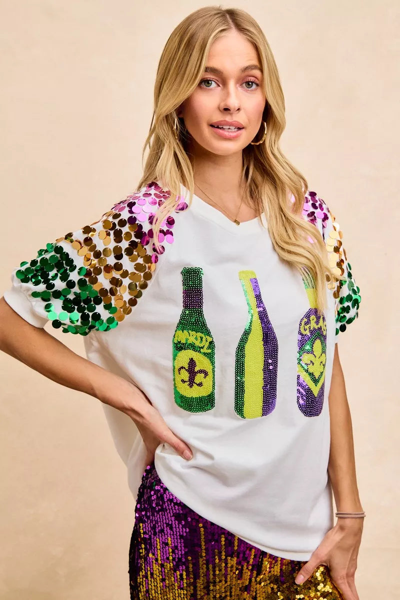 Sequin Mardi Gras bottles graphic tee with paillette sleeves