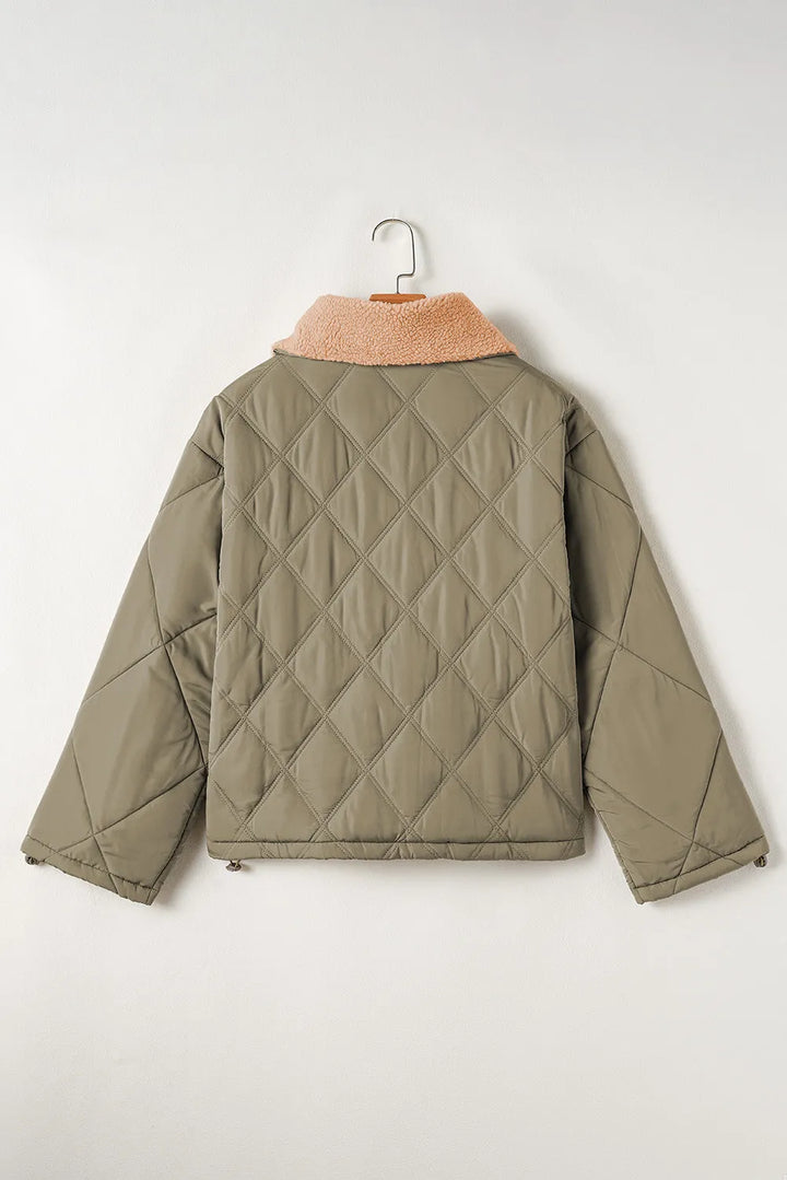 Diamond quilted sherpa collar jacket with drawstring hem