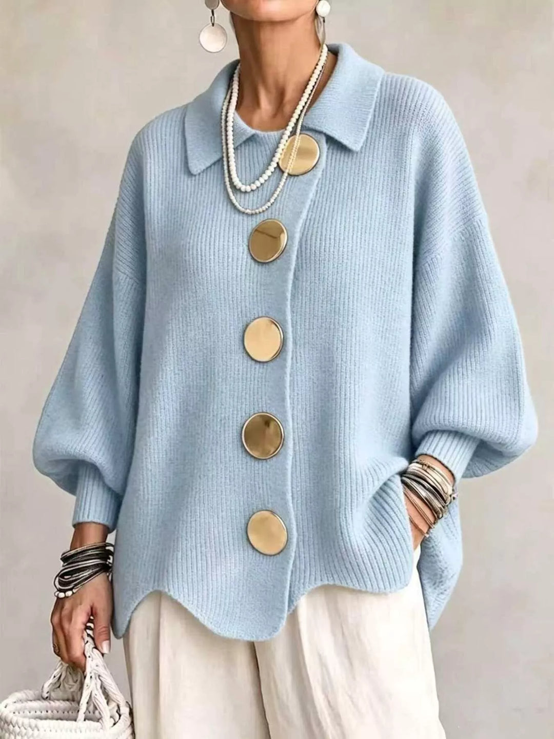 Sky Blue Oversized gold button ribbed knit collared cardigan