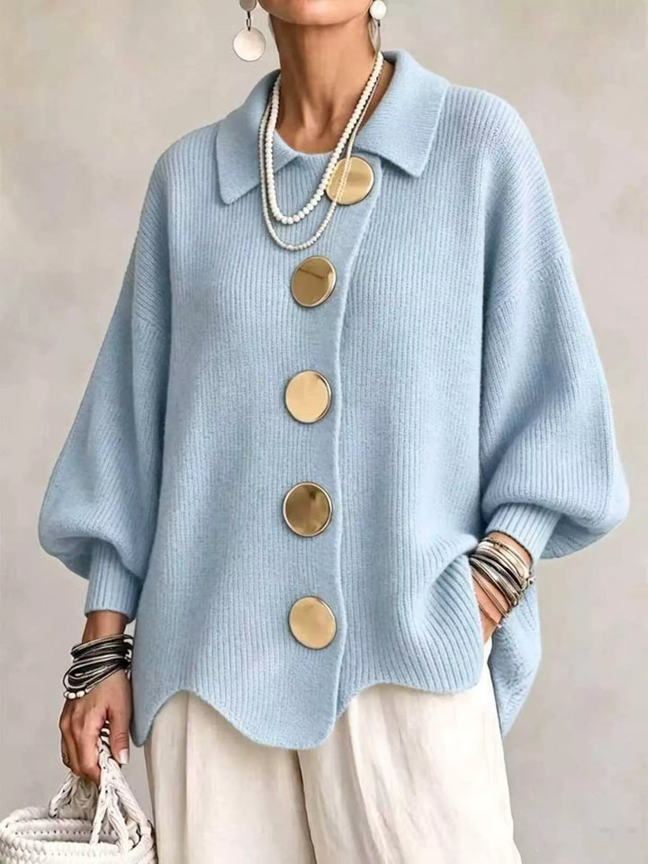 Sky Blue Oversized gold button ribbed knit collared cardigan