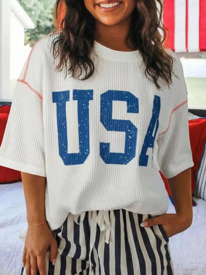 White USA graphic ribbed short-sleeve top with contrast stitching
