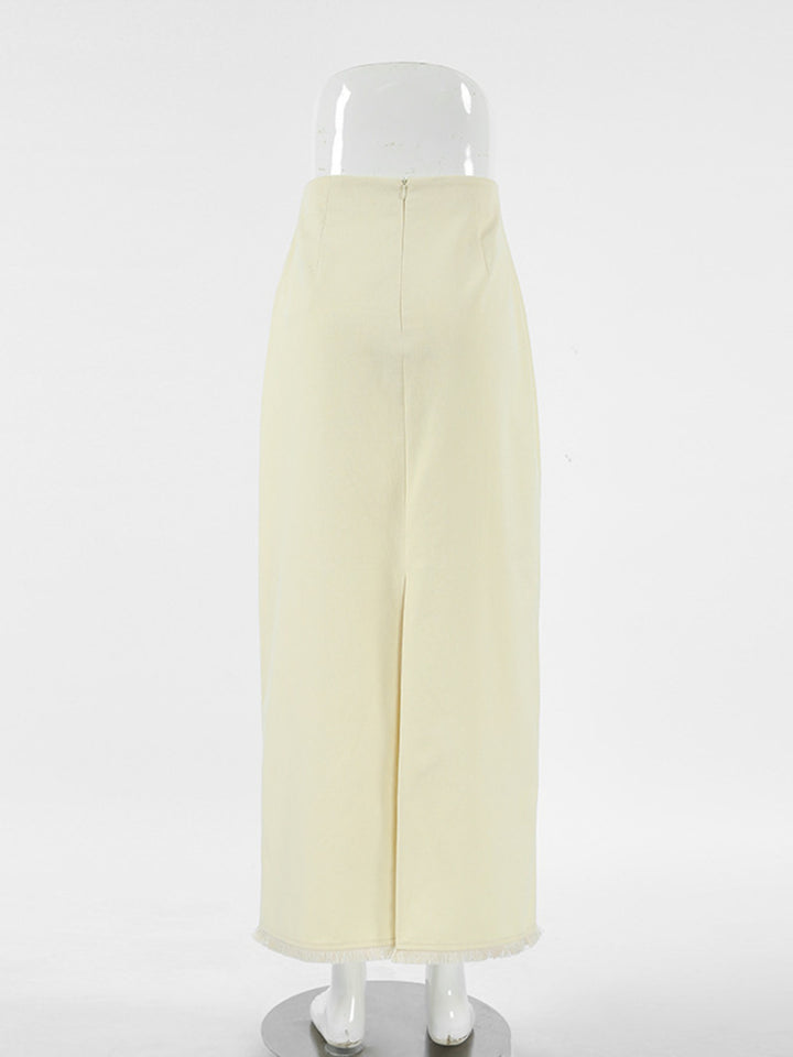 Straight-cut cotton midi skirt with back slit