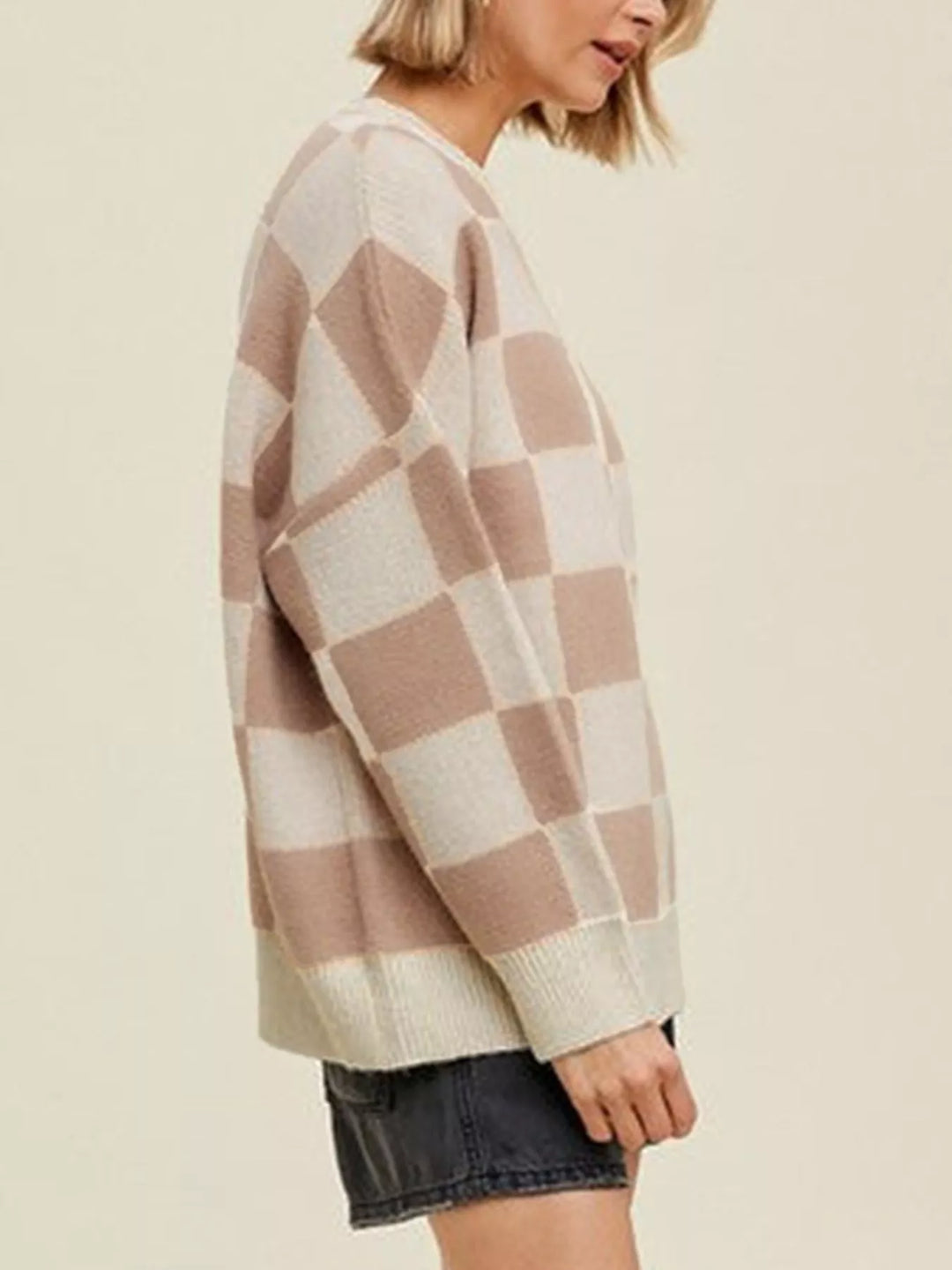 Checkered knit crewneck sweater with ribbed trim
