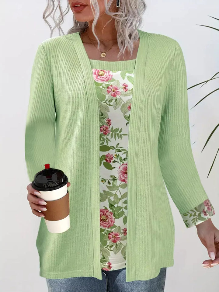 Light Green Floral two-in-one layered top with ribbed knit cardigan