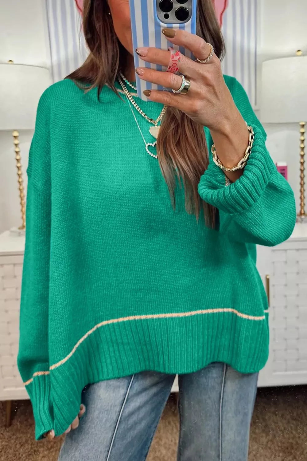 Turquoise Contrast stripe drop shoulder oversized knit sweater