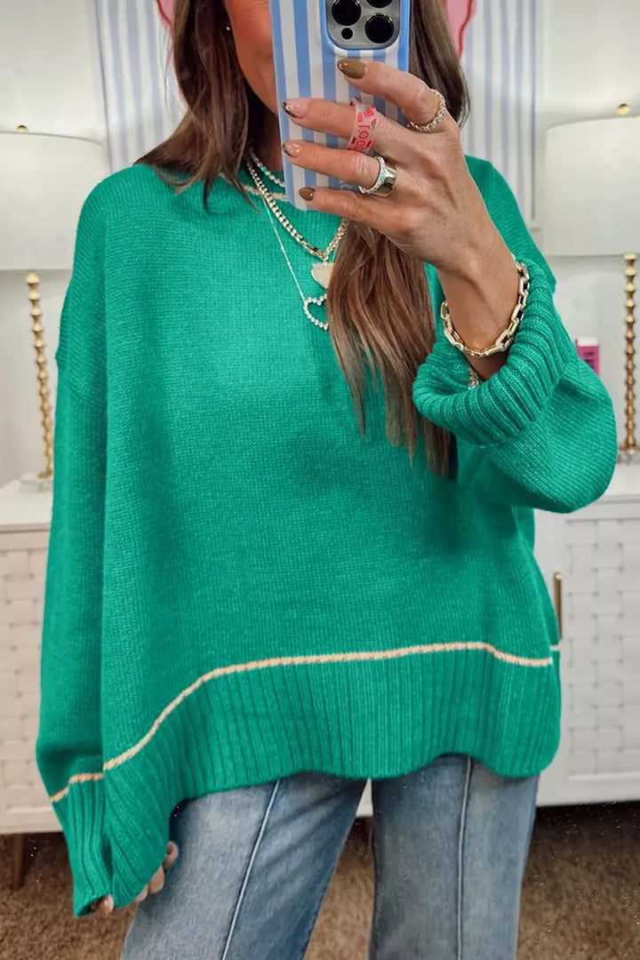 Turquoise Contrast stripe drop shoulder oversized knit sweater