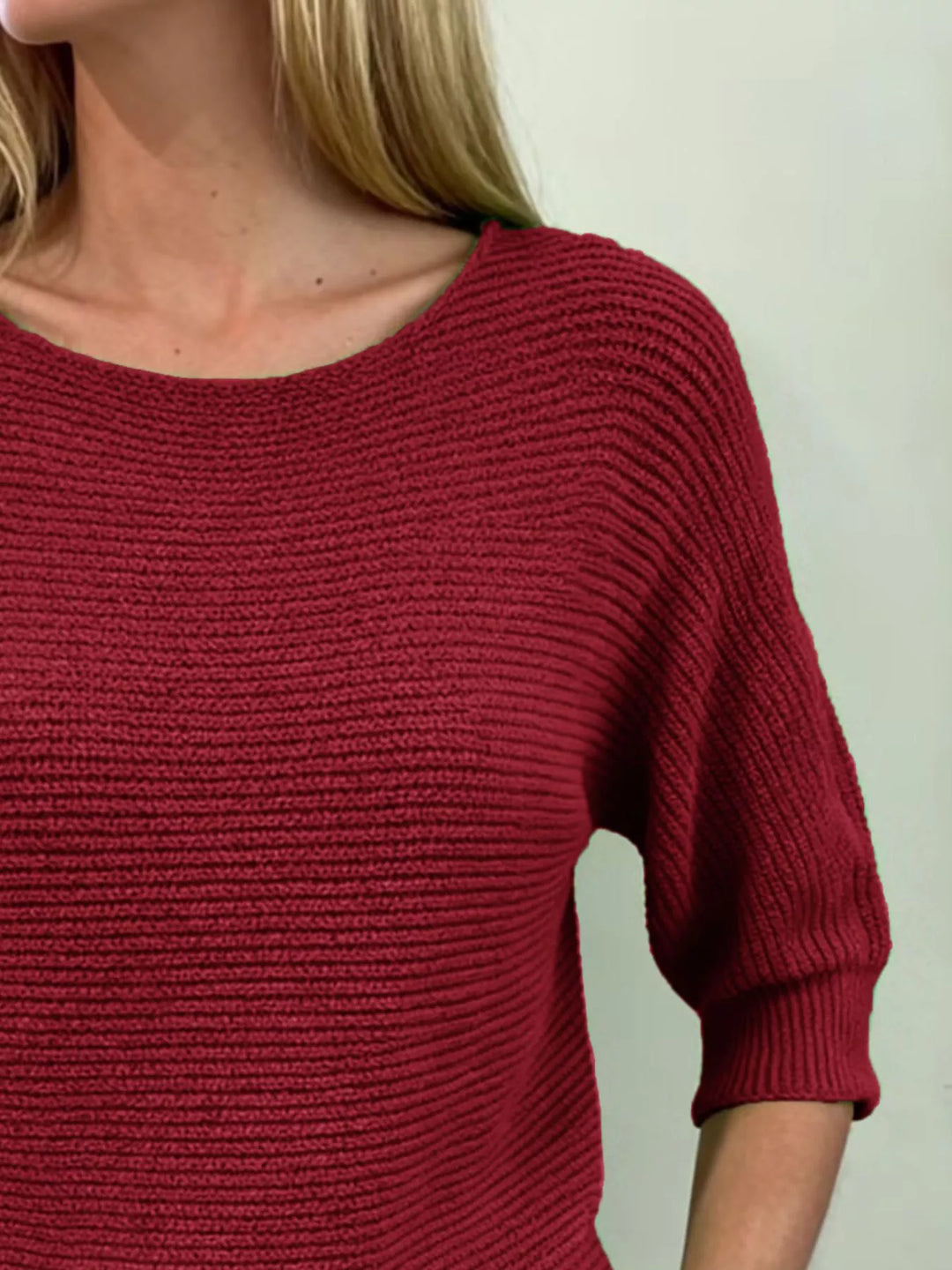 Ribbed knit round neck sweater with dolman sleeves