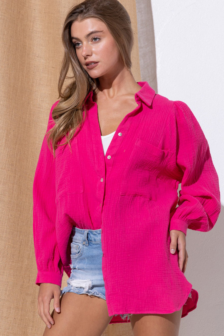 Marseille Textured Gauze Button Down Puff Sleeve Blouse