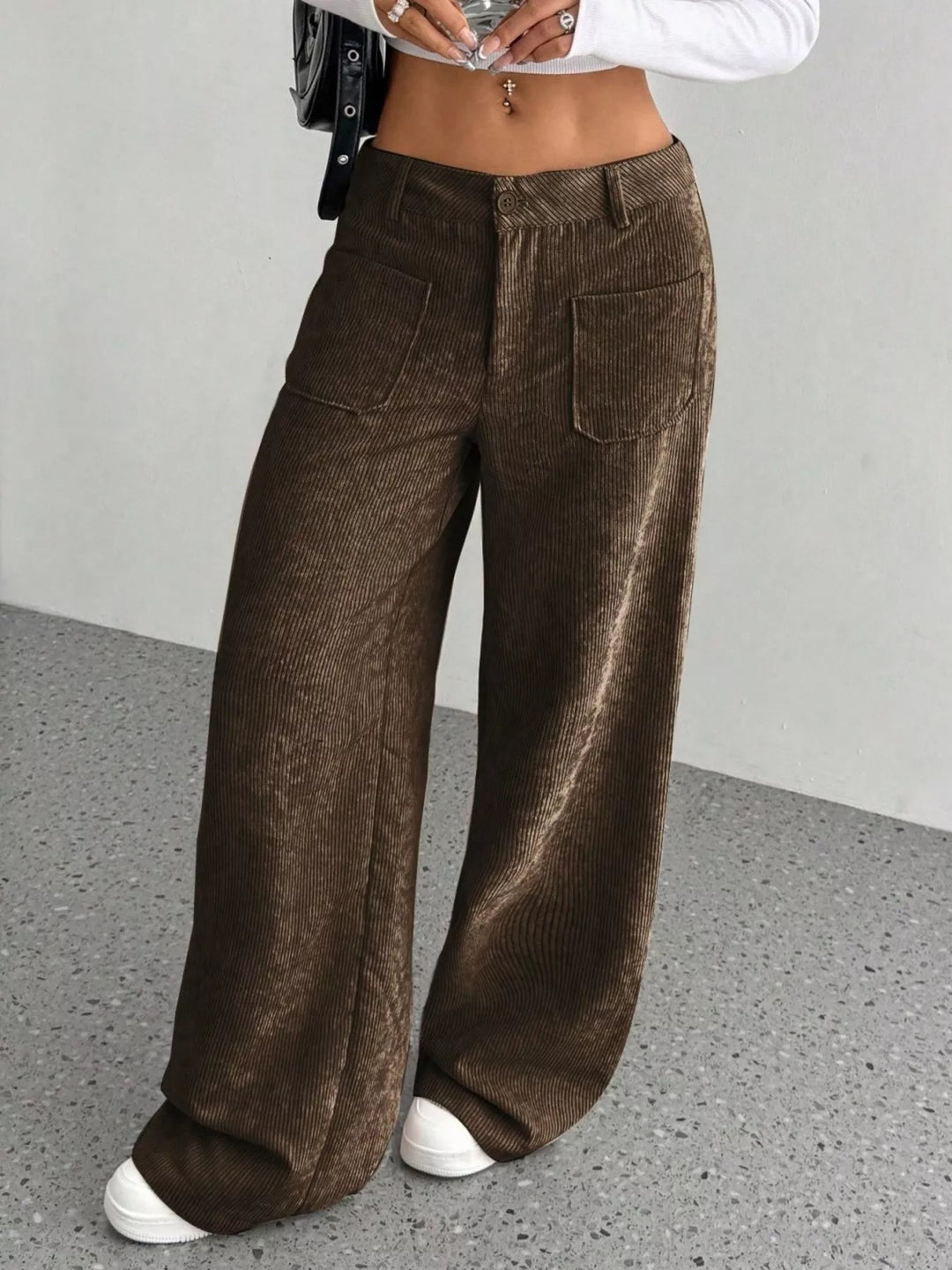 Wide-leg corduroy pants with front patch pockets
