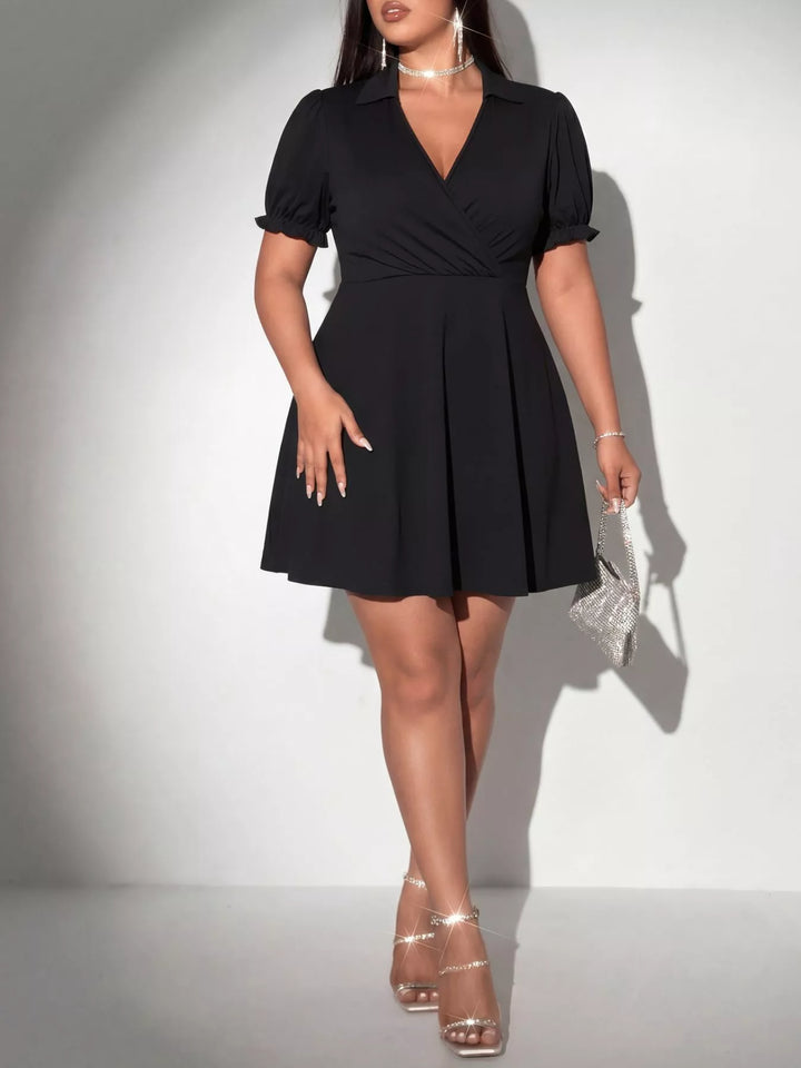 Ruched surplice plus size mini dress with puff sleeves