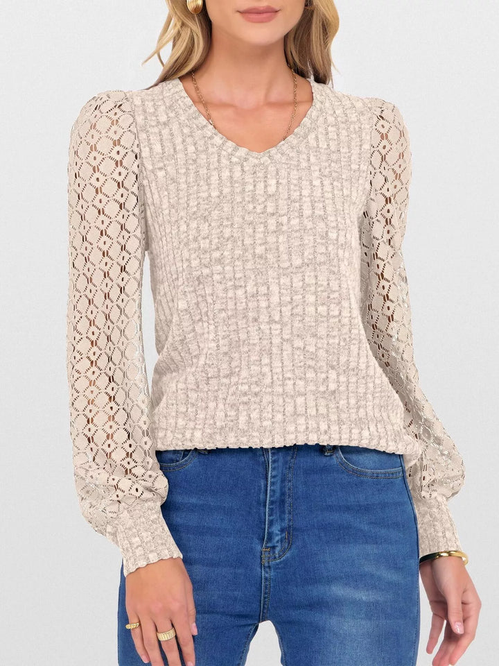 Sheer lace sleeve ribbed knit V-neck top