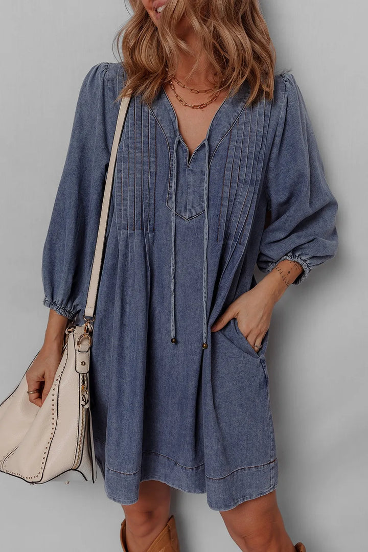 Pintucked tie-neck long sleeve denim mini dress