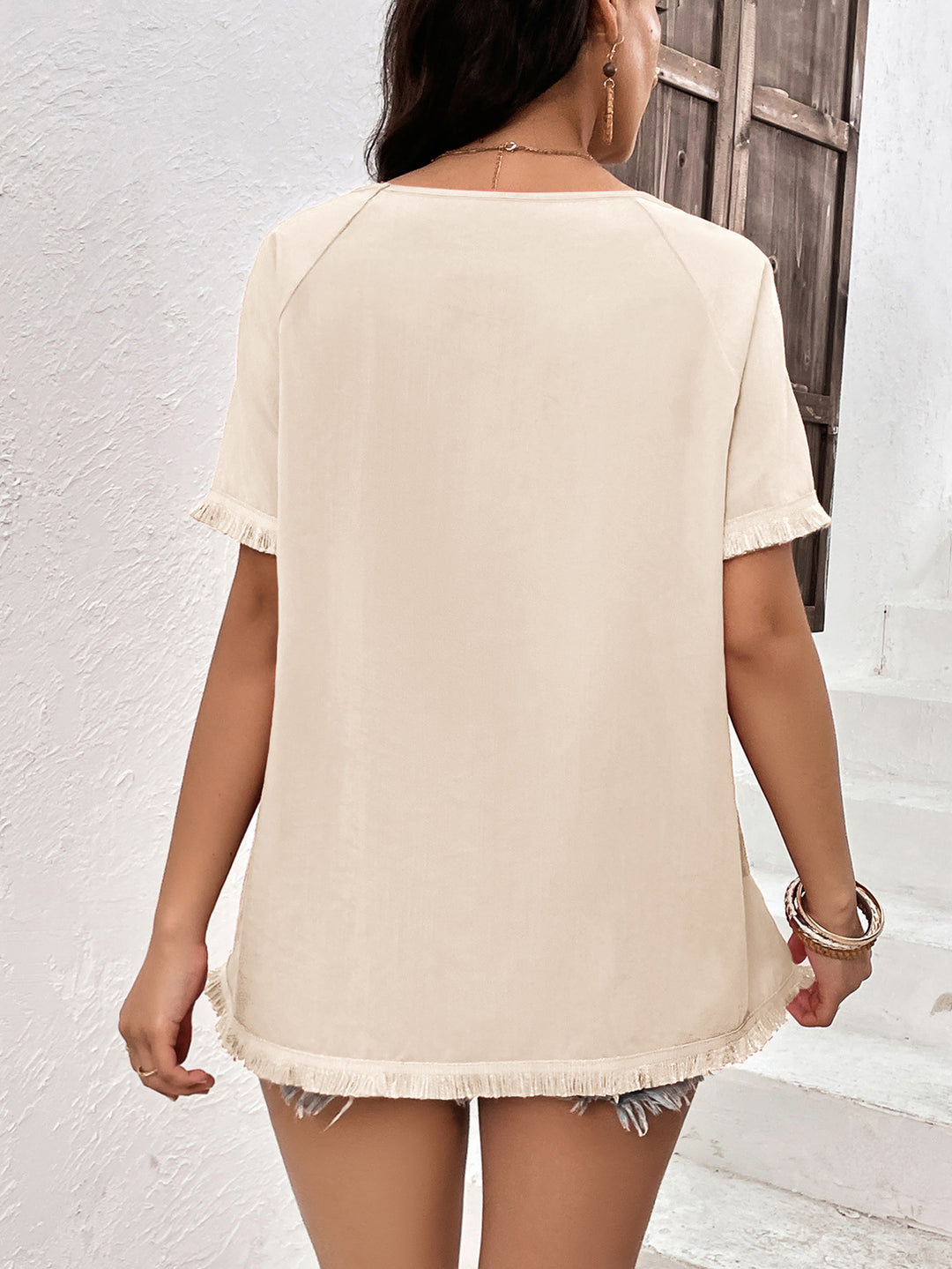 Fringe-trim raglan sleeve round neck tunic top