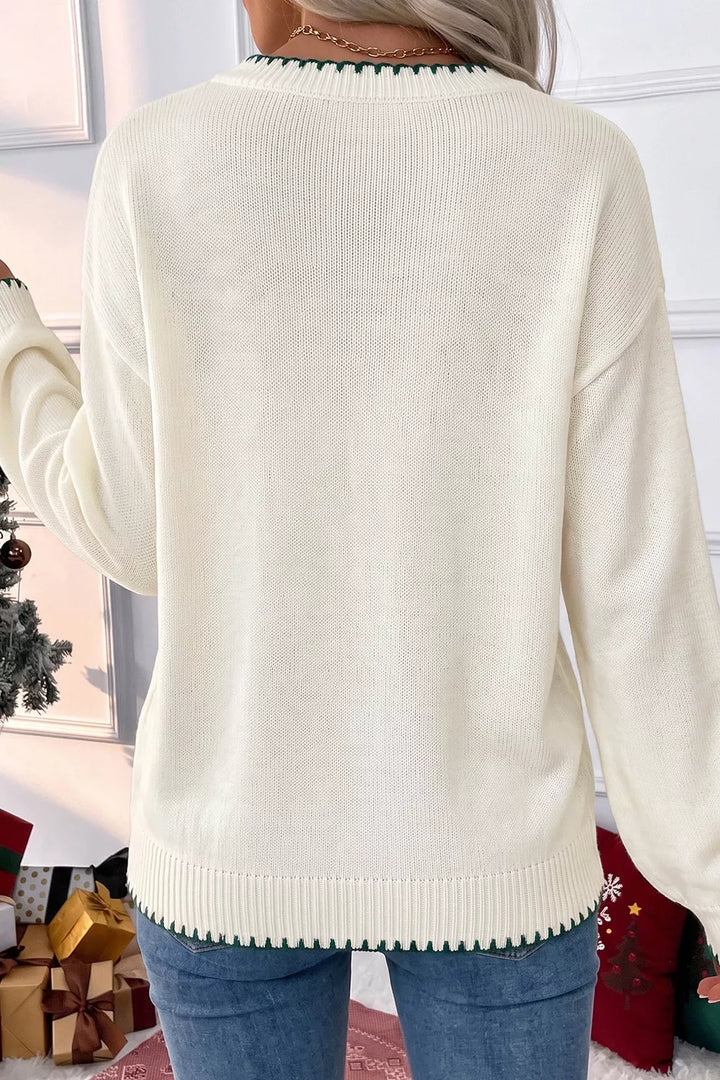 Gingham ribbon tree applique blanket stitch knit sweater