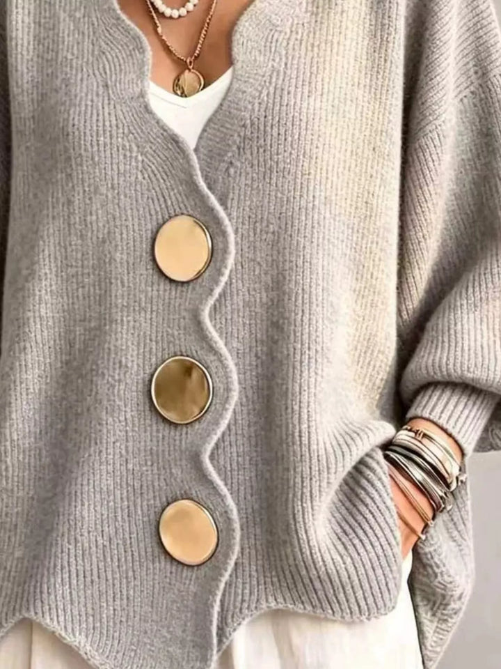 Scalloped-edge ribbed knit oversized button-down cardigan