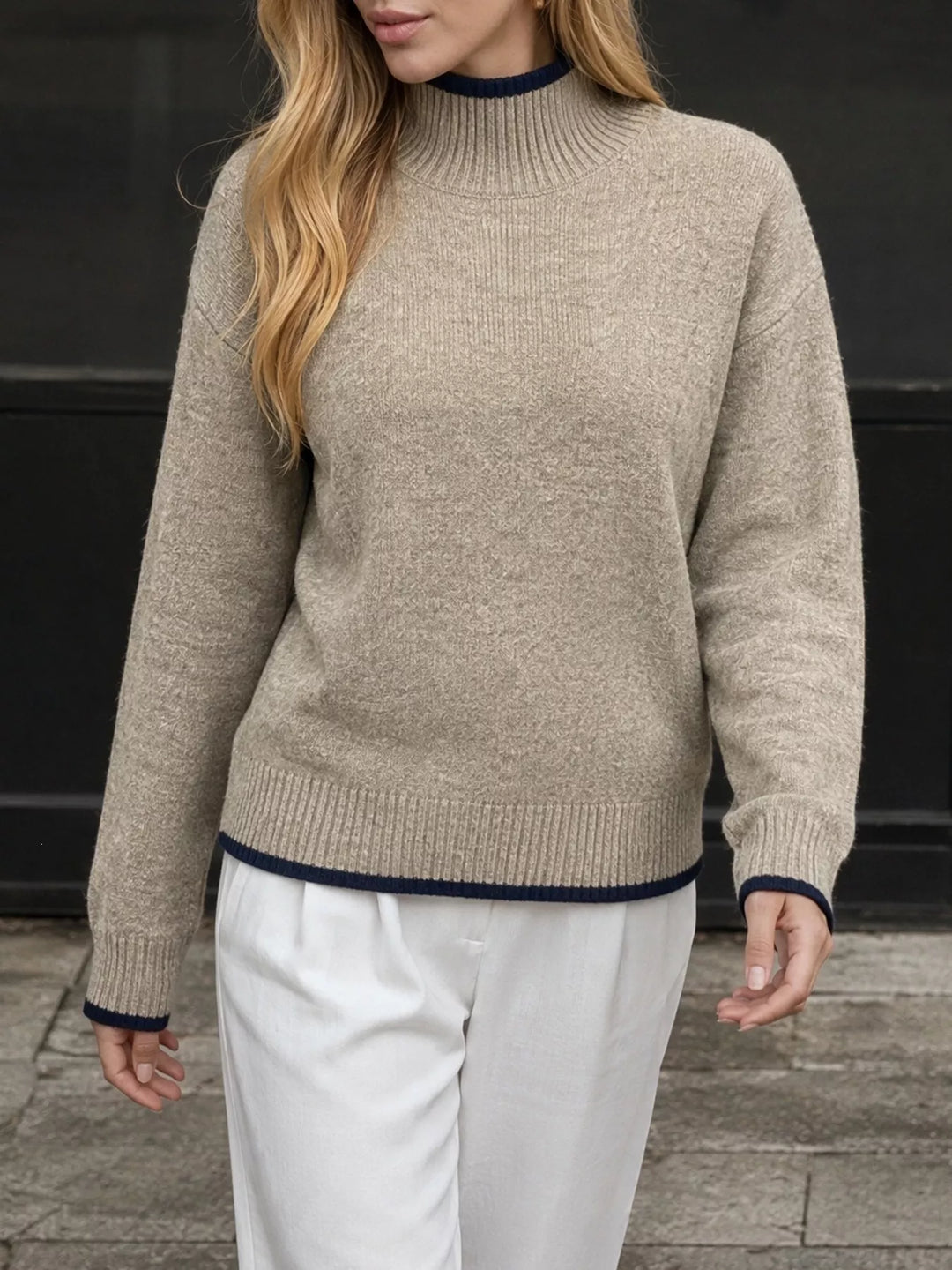 Contrast tipped mock neck sweater with ribbed trim