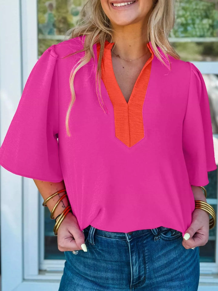 Notched contrast V-neck half sleeve blouse