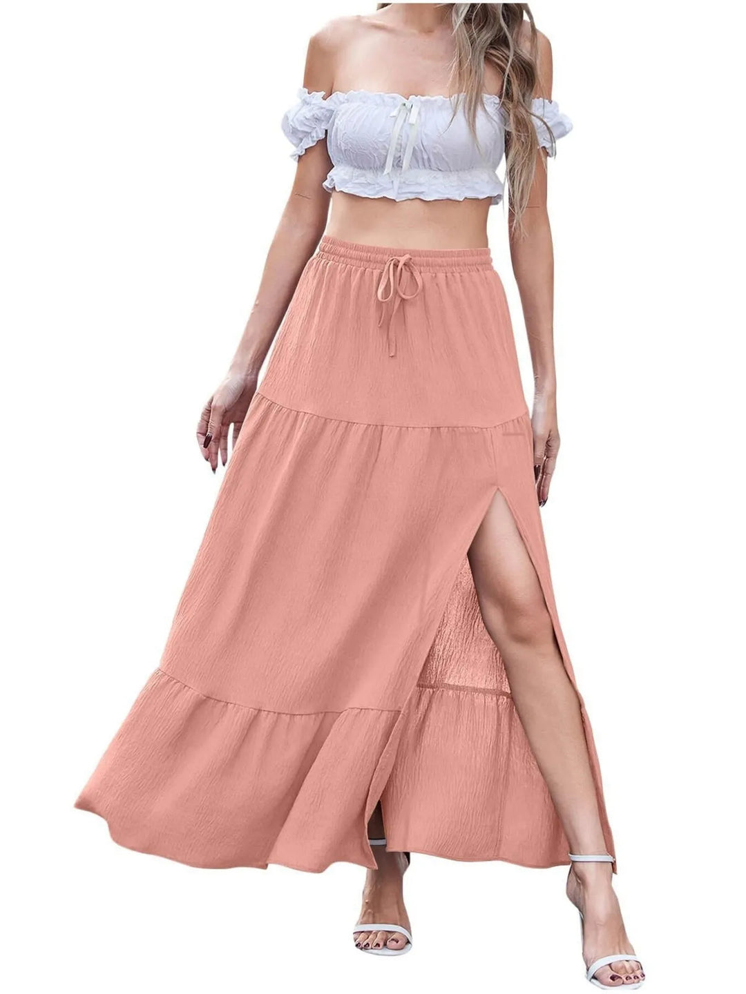 Pink Tiered ruffled maxi skirt with front slit