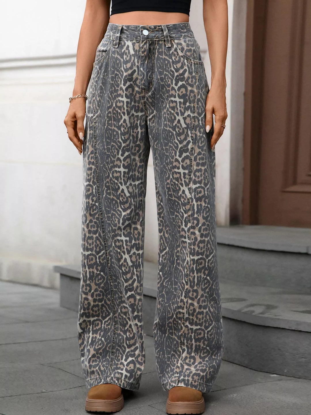 Leopard Leopard print high-rise wide-leg jeans