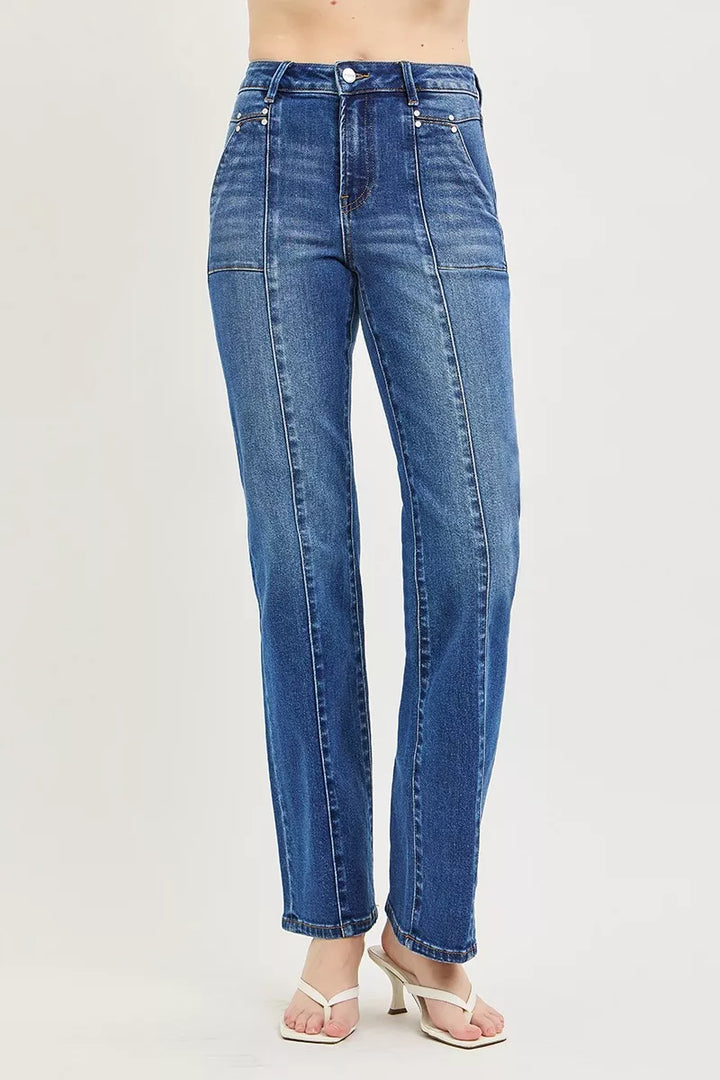 High-rise seamed straight-leg jeans with patch pockets