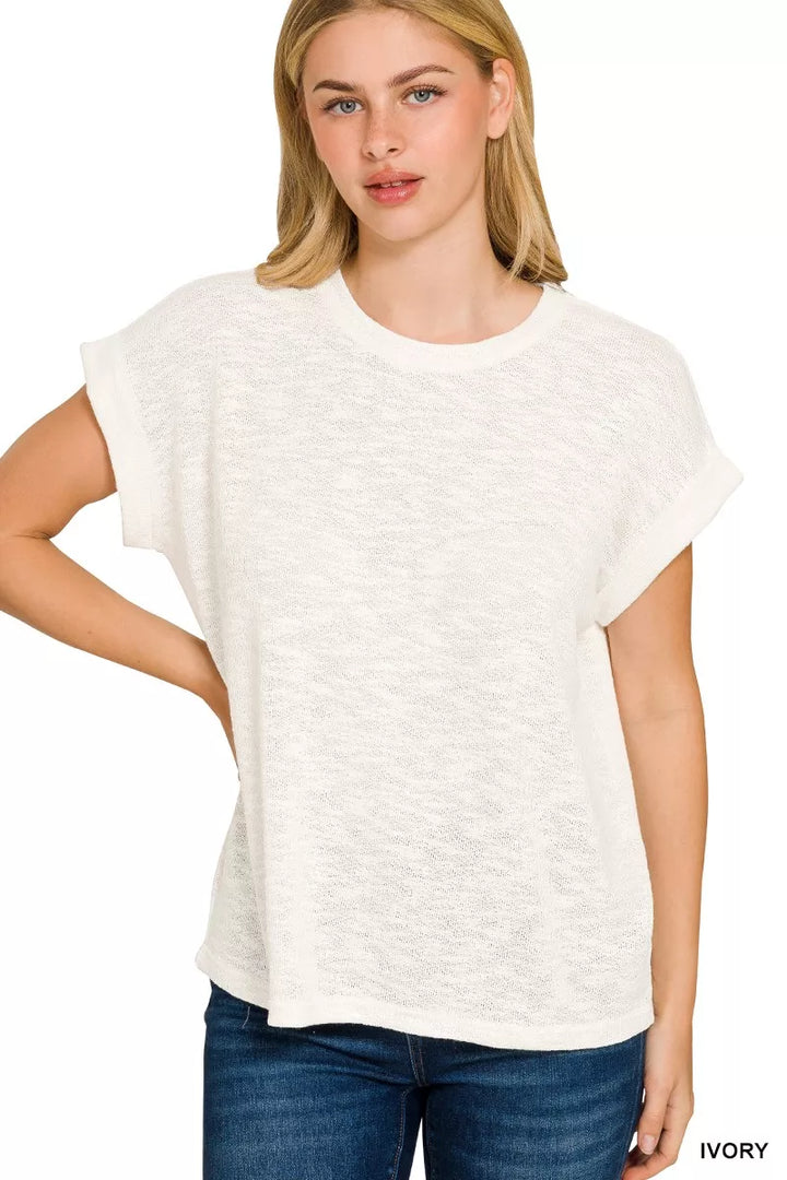 Relaxed hacci slub knit tee with rolled sleeves