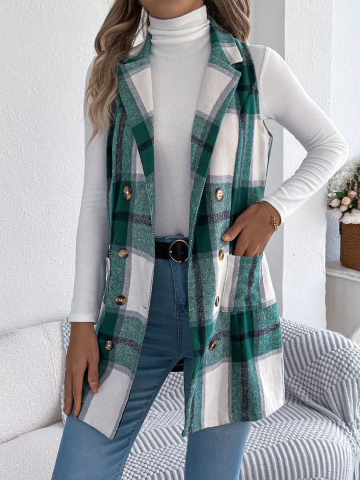 Green Plaid double-breasted longline vest coat with notched lapel