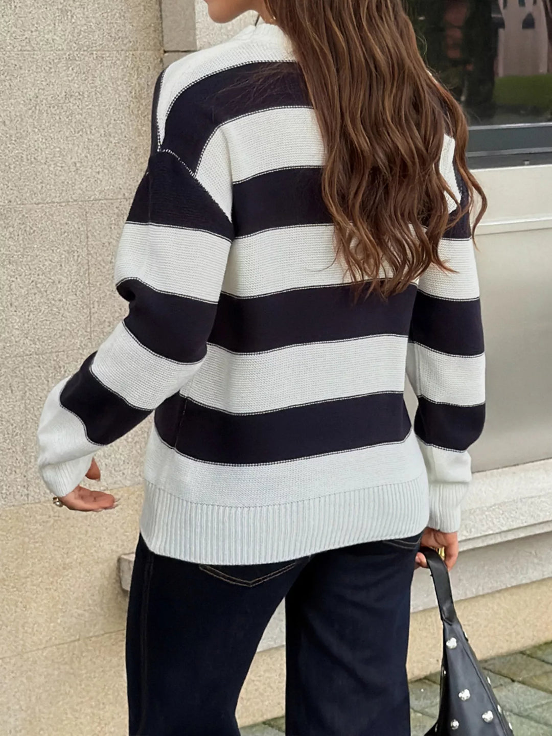 Wide stripe crew neck knit pullover sweater