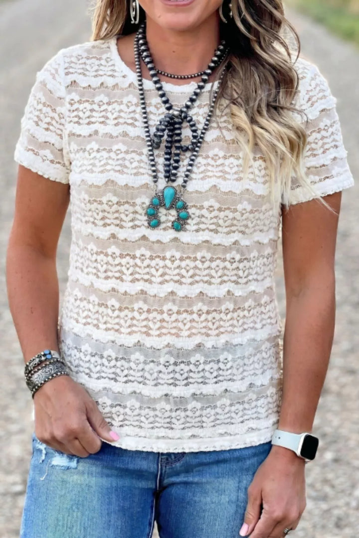 Sheer striped lace short sleeve top with scalloped trim