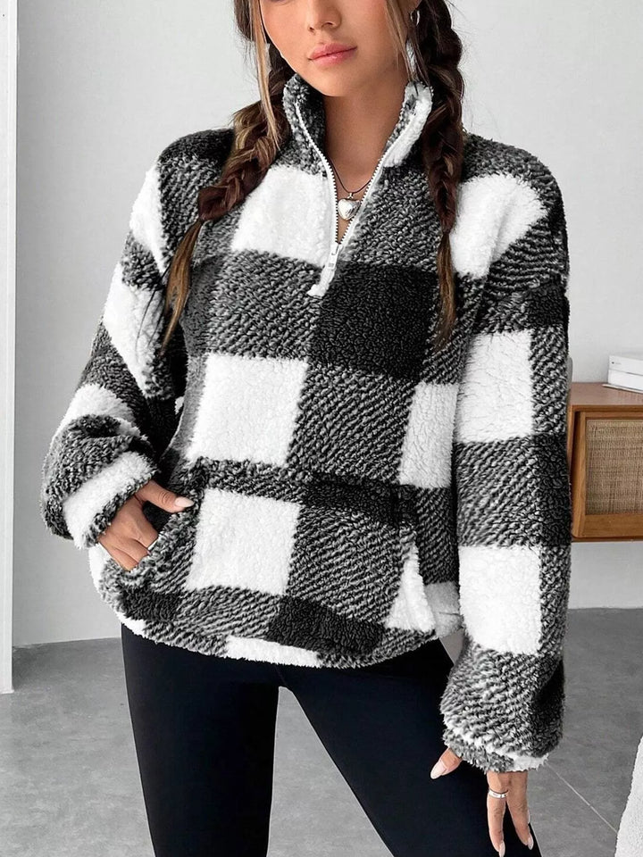 Plaid sherpa quarter-zip pullover with front pocket