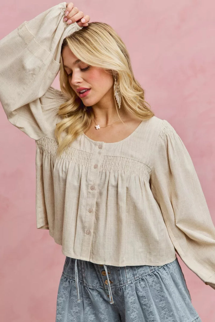 Smocked button-front puff sleeve linen blend top