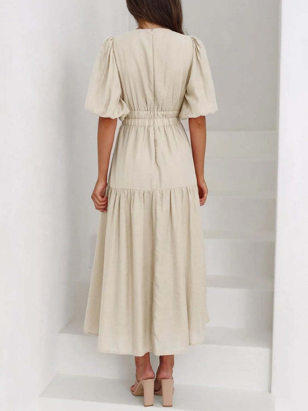 Ruched waist puff sleeve v-neck tiered midi dress