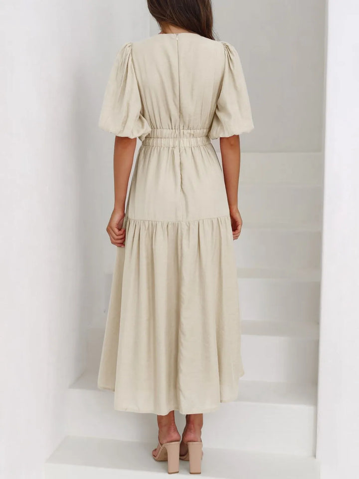 Ruched waist puff sleeve v-neck tiered midi dress