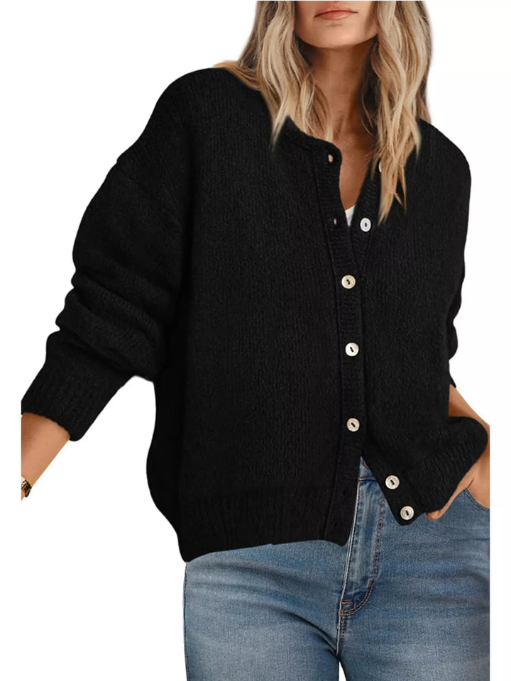 Black Button-front dropped shoulder knit cardigan