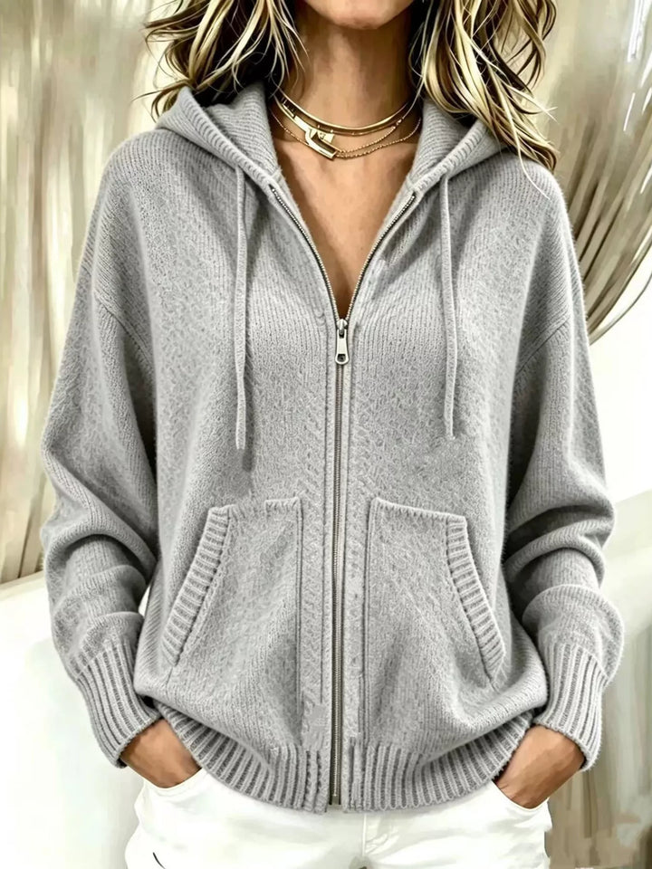 Gray Zip-front hooded knit cardigan with drawstring and pockets
