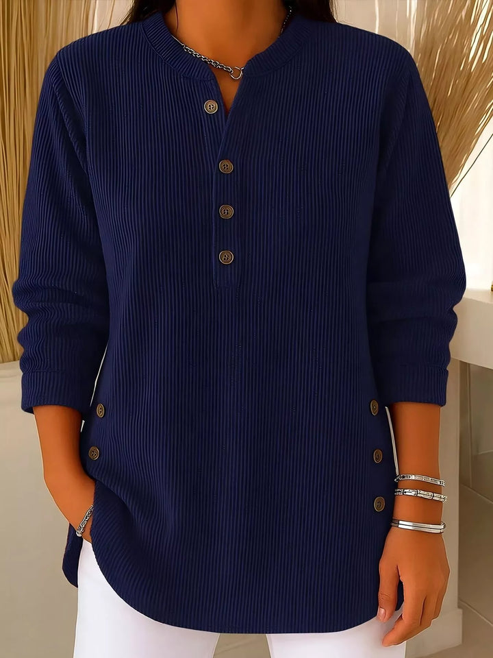 Navy Blue Ribbed half-button henley top with side buttons
