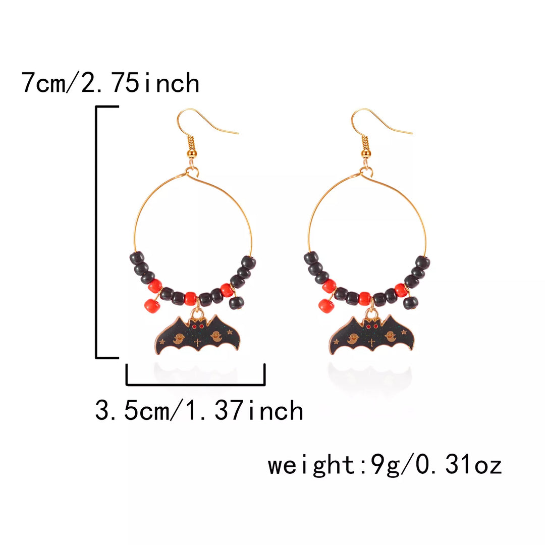 Beaded bat charm drop hoop earrings with ghost detail