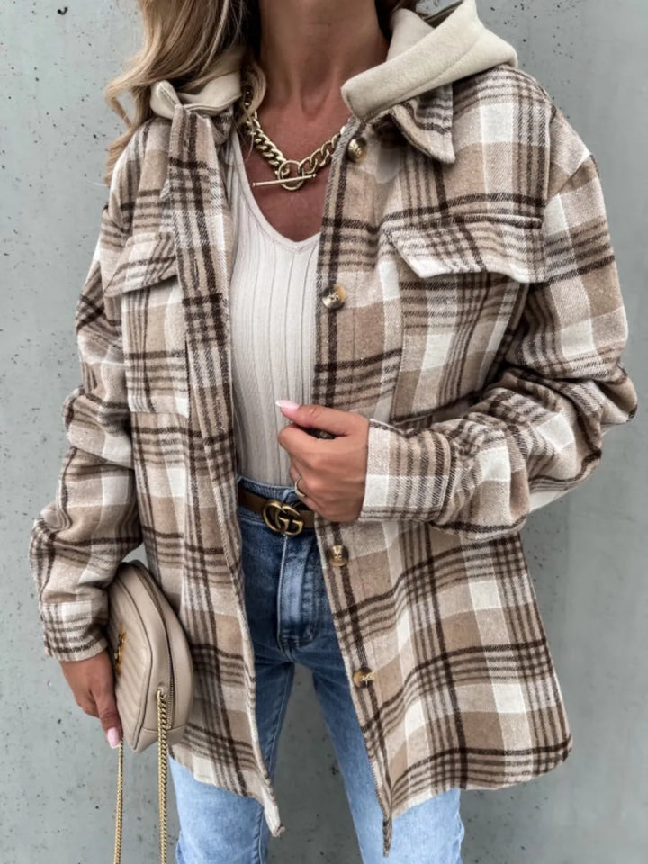 Camel Plaid hooded shacket with drop shoulders and chest pockets