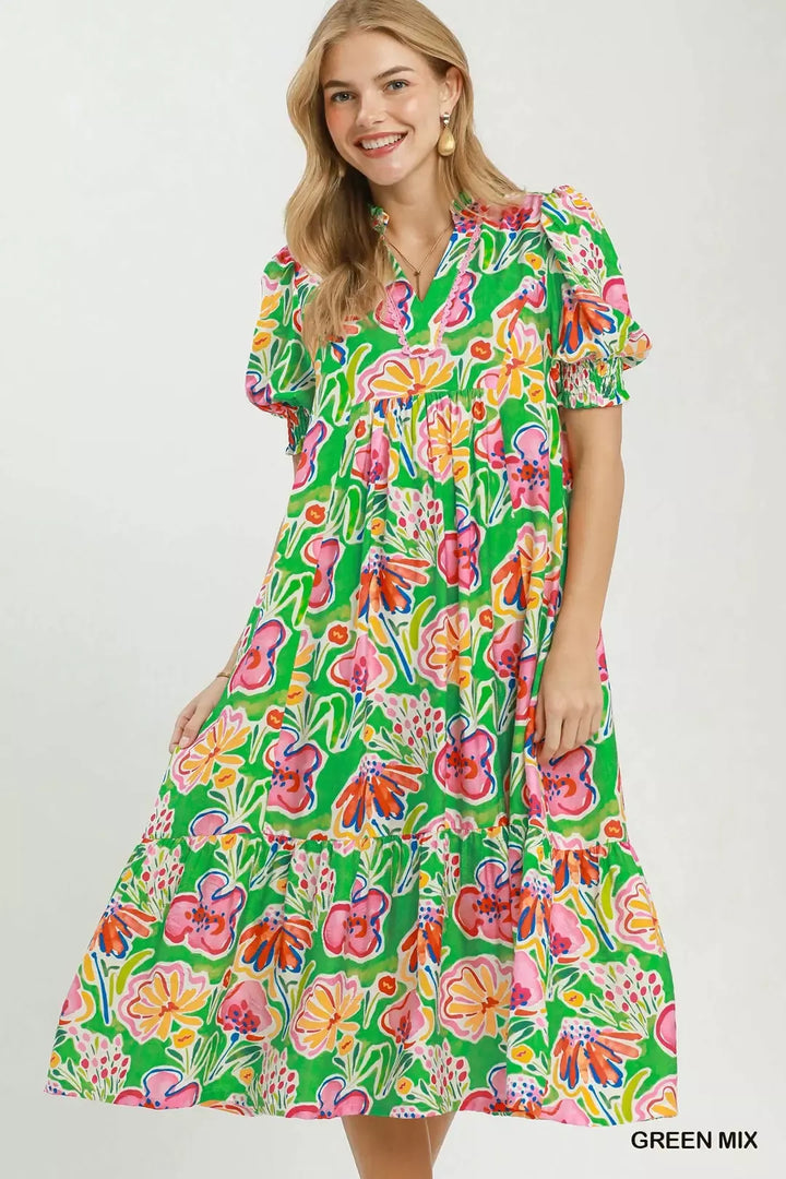 GREEN MIX Floral print puff sleeve tiered midi dress with pockets
