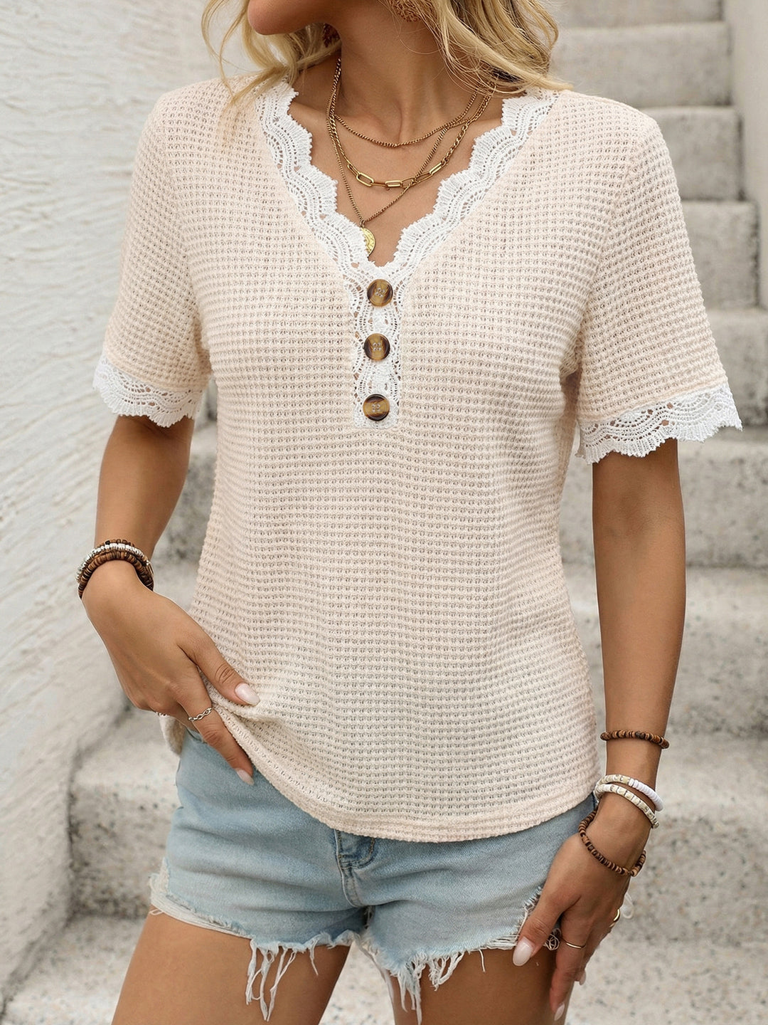 Apricot Lace trim waffle knit henley top with wood buttons