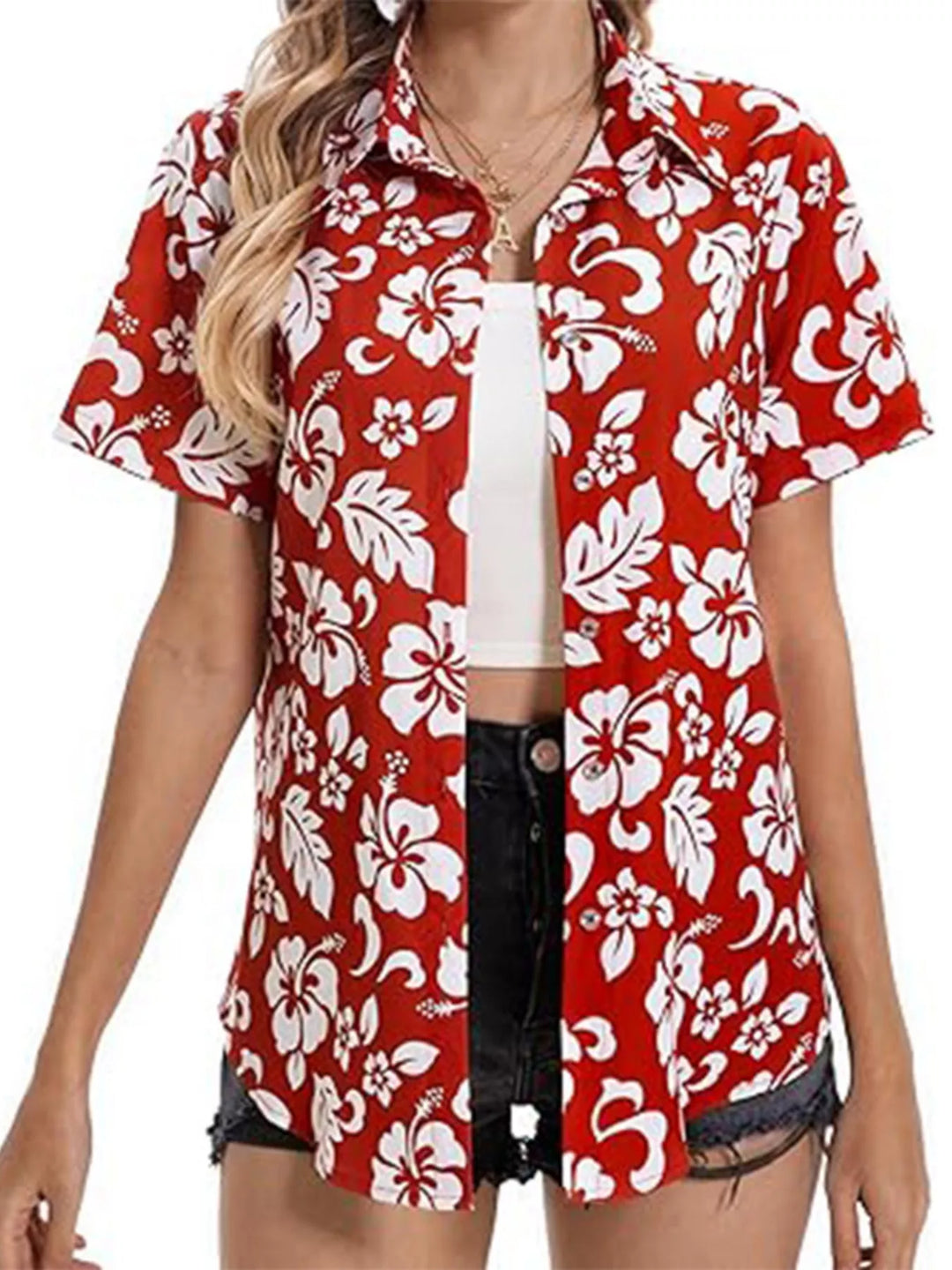 Deep Red Tropical hibiscus print short sleeve button-up shirt