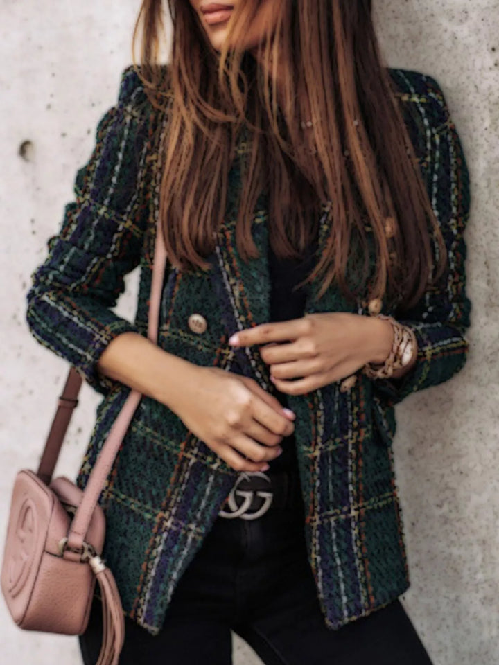 Plaid tweed double-breasted blazer with gold buttons - Burgundy