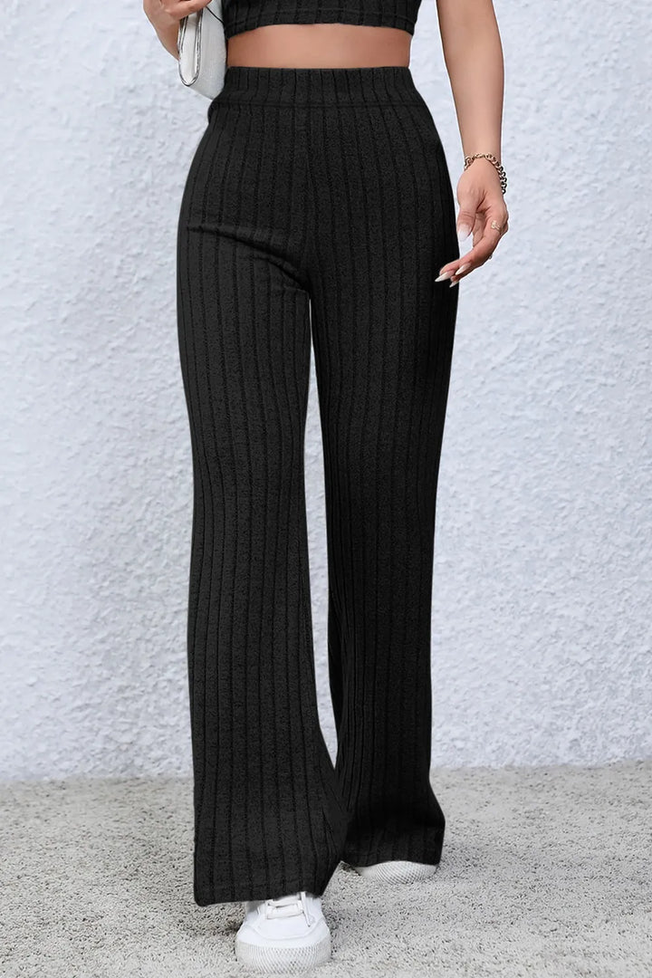 Ribbed knit high-waist flare pants with pull-on waist