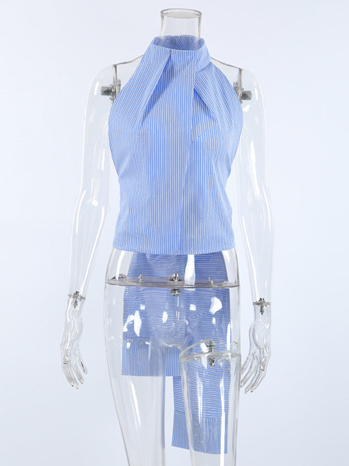 Striped halter crop top with backless tie