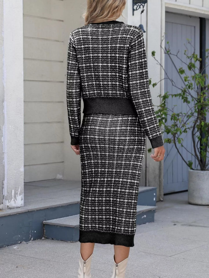 Pearl button plaid knit cardigan and midi skirt set