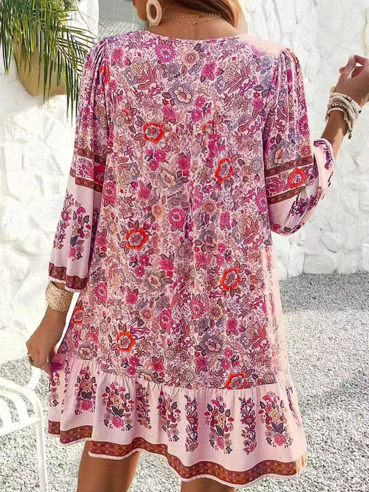 Boho floral v-neck mini dress with tassel tie and long sleeves