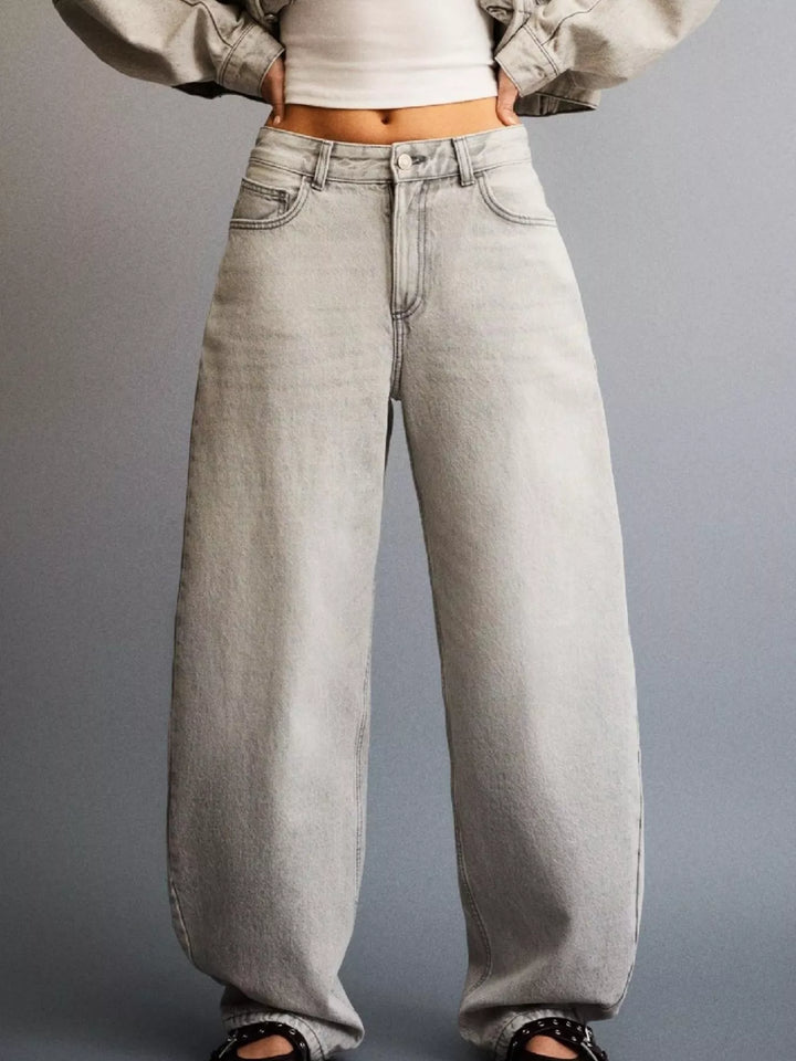 Light Gray Mid-rise wide-leg washed denim jeans with five-pocket styling