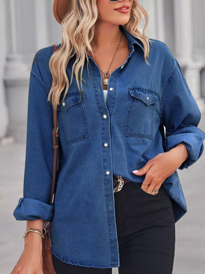Navy Washed denim button-down shirt with chest pockets